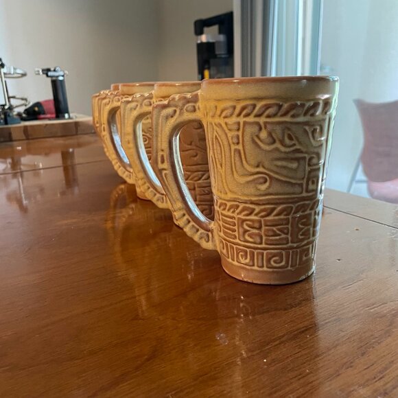 4 Vintage Frankoma Pottery Mugs - Mayan-Aztec, Desert Gold Glaze - Picture 1 of 6